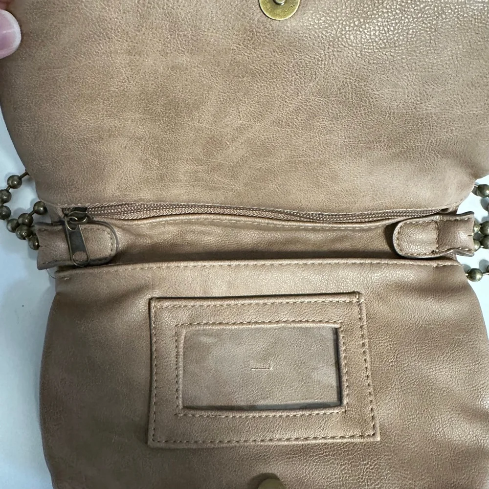 T-Shirt & Jeans Tan Laser Cut Crossbody Bag geometric ball chain strap purse